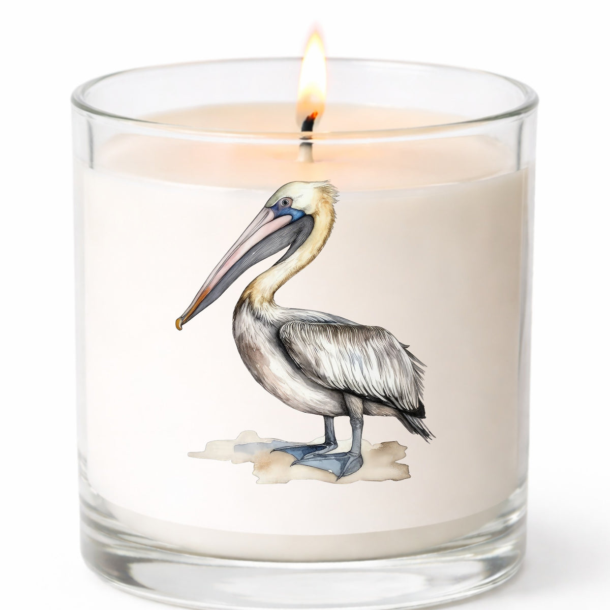 Pelican On Sand UV DTF sticker applied to a candle jar