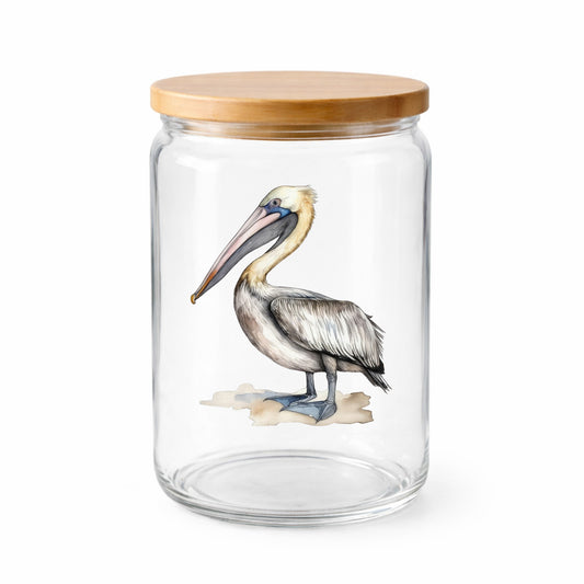 Pelican On Sand UV DTF sticker applied to a clear glass jar with lid