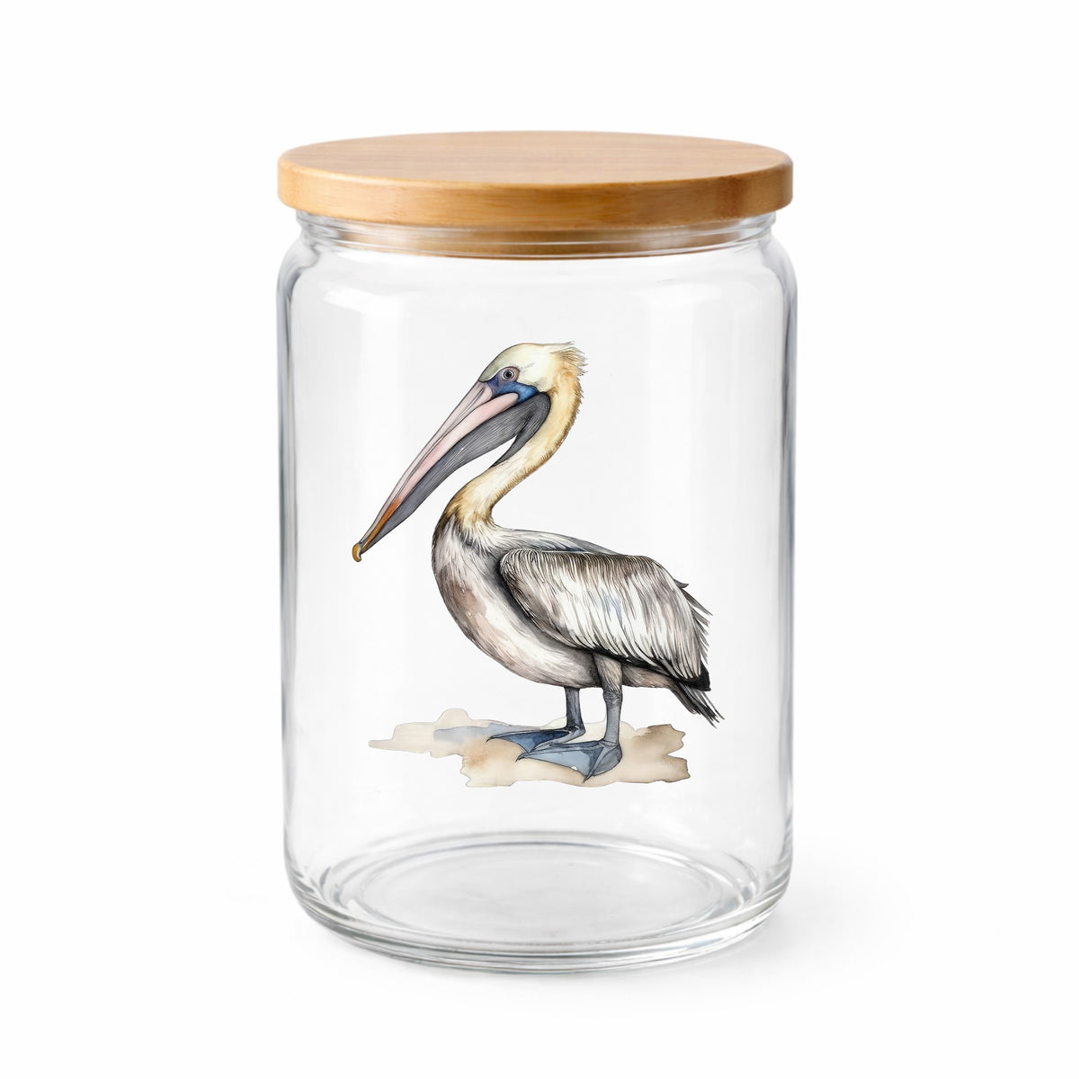 Pelican On Sand UV DTF sticker applied to a clear glass jar with lid