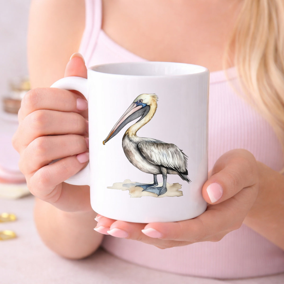 Pelican On Sand UV DTF sticker displayed on a white coffee mug
