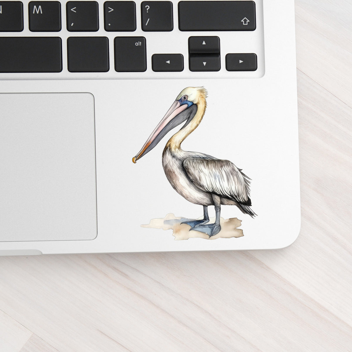 Pelican On Sand UV DTF sticker applied to a laptop beside the keyboard