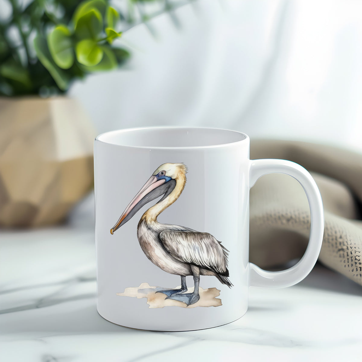 Pelican On Sand UV DTF sticker applied to a white coffee mug