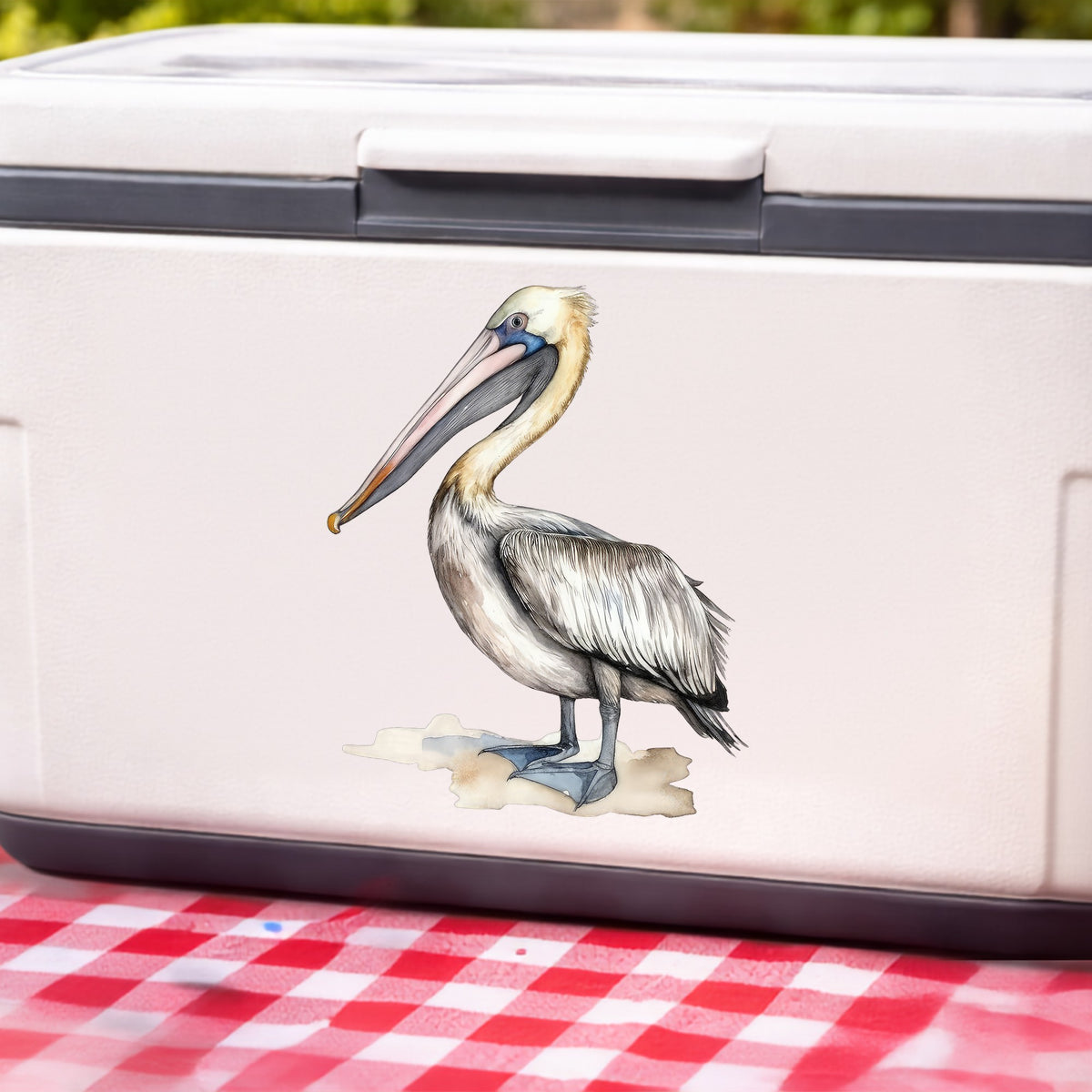 Pelican On Sand UV DTF sticker applied to a white cooler