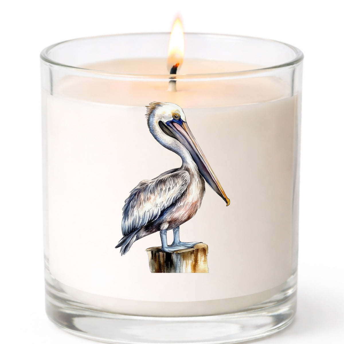 Pelican On Wood Post UV DTF sticker applied to a candle jar