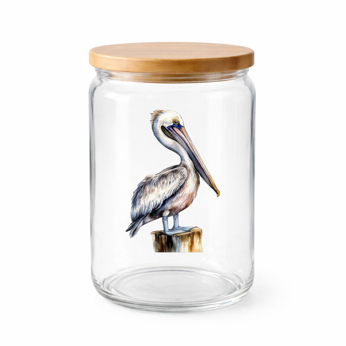 Pelican On Wood Post UV DTF sticker applied to a clear glass jar with lid