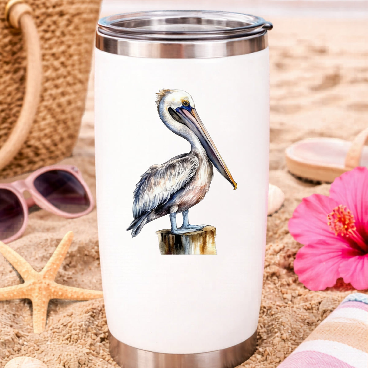 Pelican On Wood Post UV DTF sticker applied to a water bottle at the beach