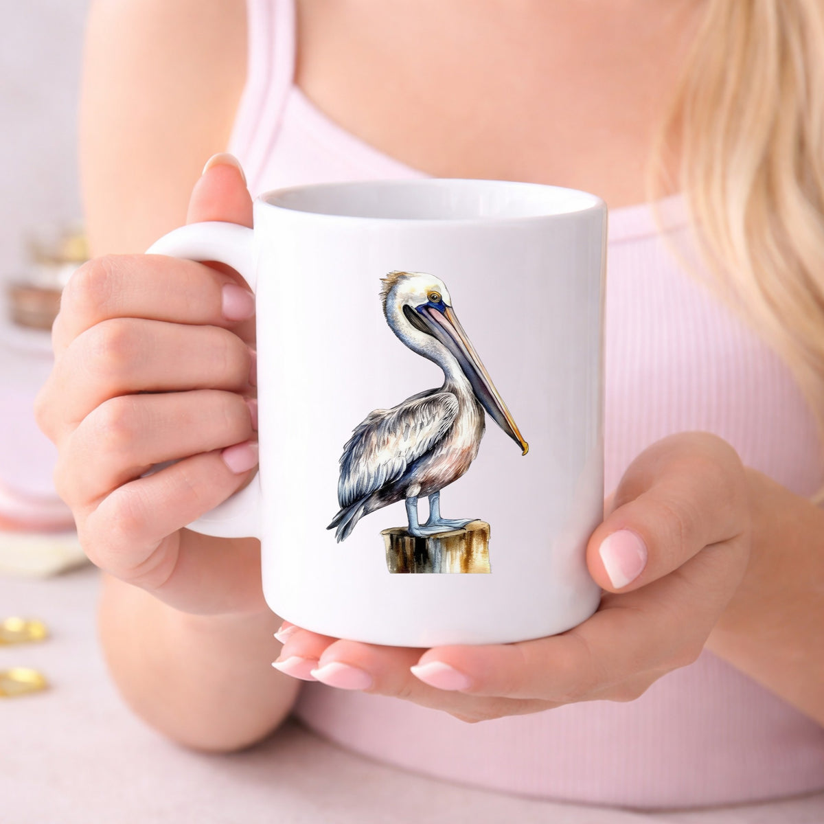 Pelican On Wood Post UV DTF sticker displayed on a white coffee mug