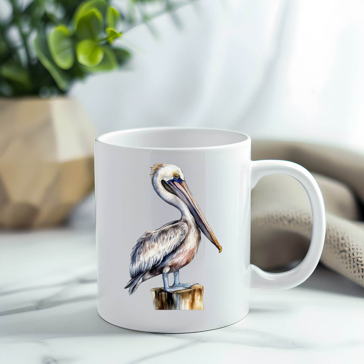 Pelican On Wood Post UV DTF sticker applied to a white coffee mug