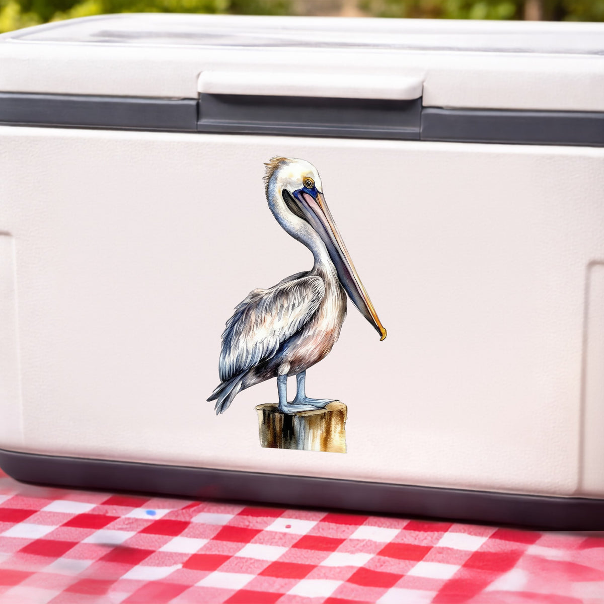 Pelican On Wood Post UV DTF sticker applied to a white cooler