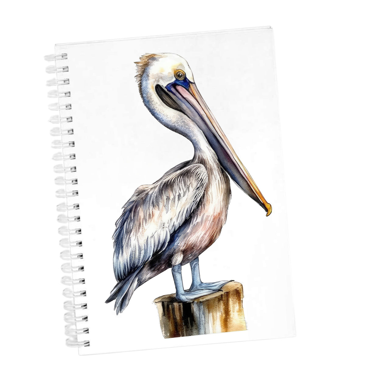 Pelican On Wood Post UV DTF sticker applied to a white journal