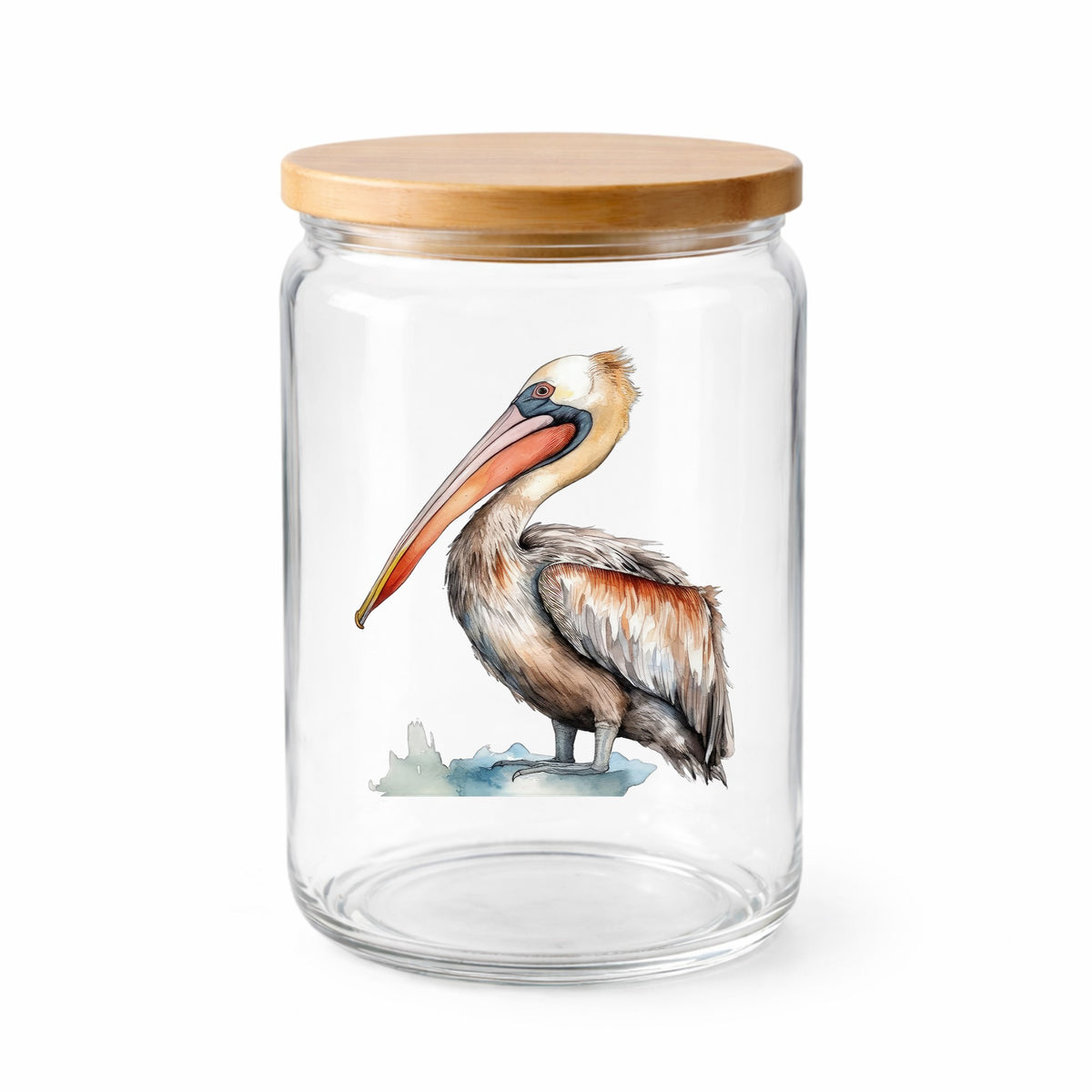 Rust Orange Pelican UV DTF sticker applied to a clear glass jar with lid