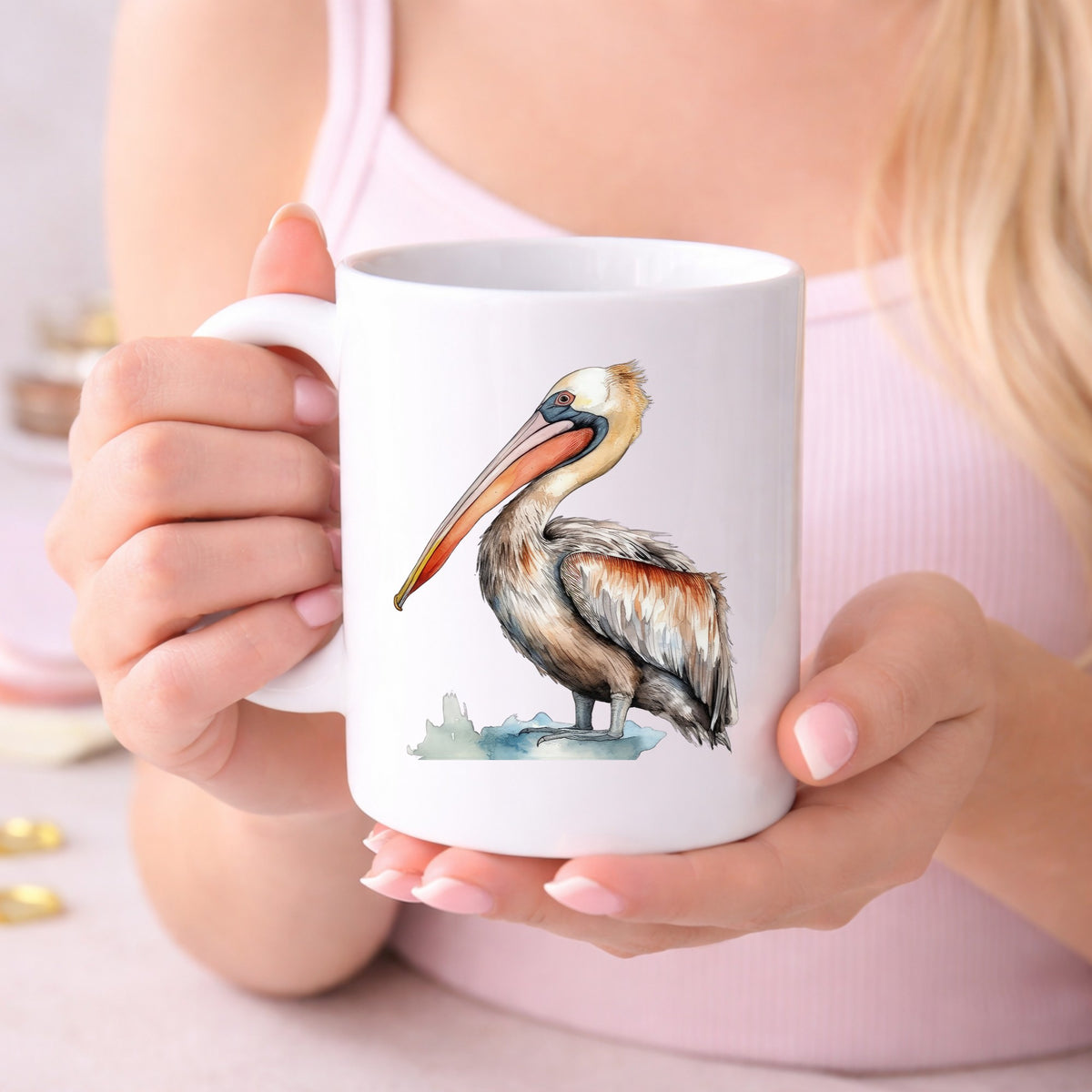 Rust Orange Pelican UV DTF sticker displayed on a white coffee mug