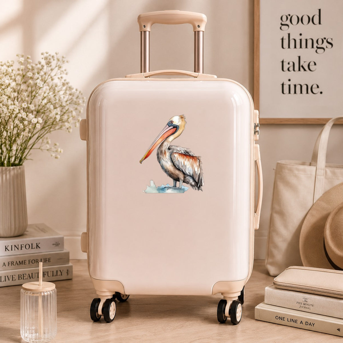 Rust Orange Pelican UV DTF sticker applied to a neutral suitcase