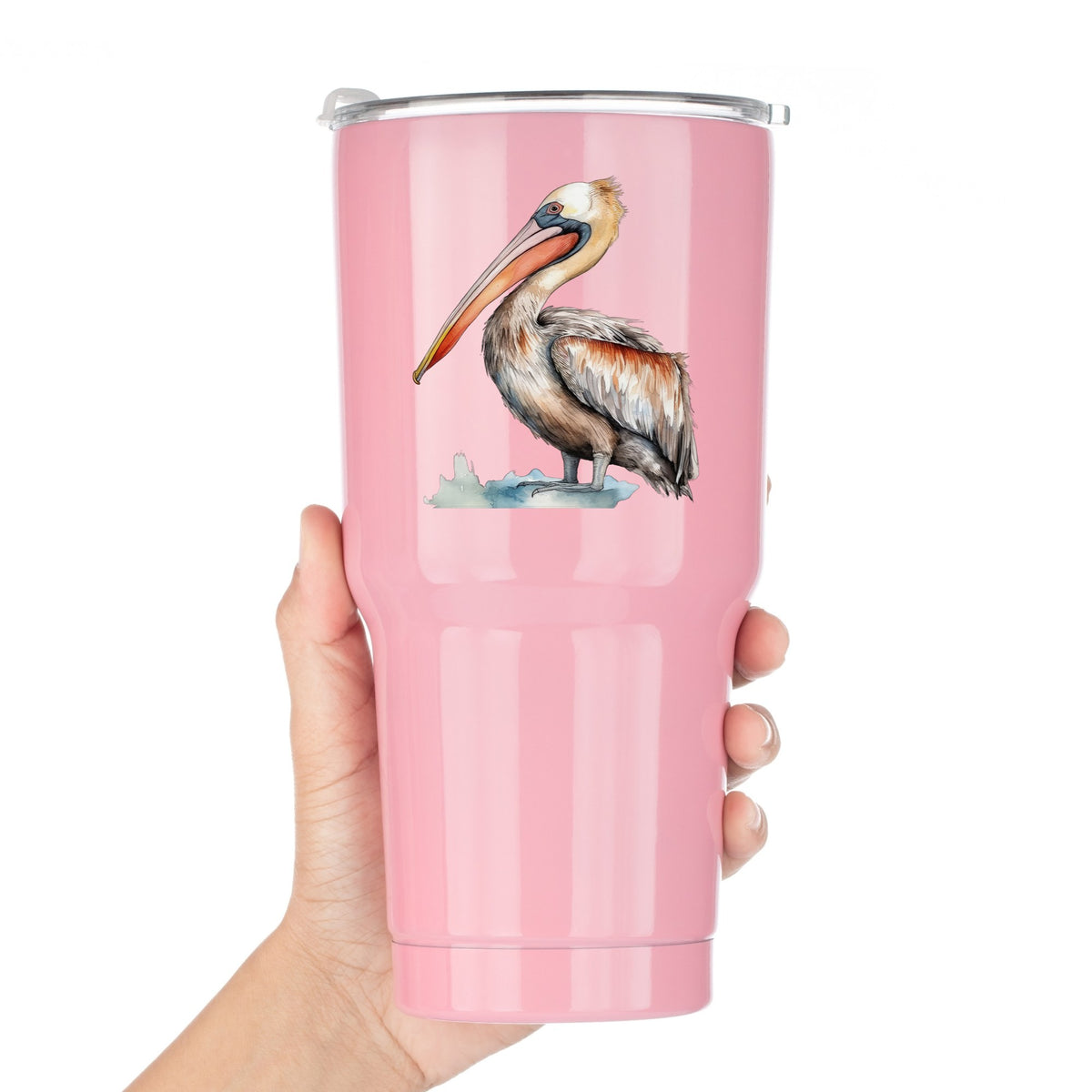 Rust Orange Pelican UV DTF sticker applied to a pink tumbler