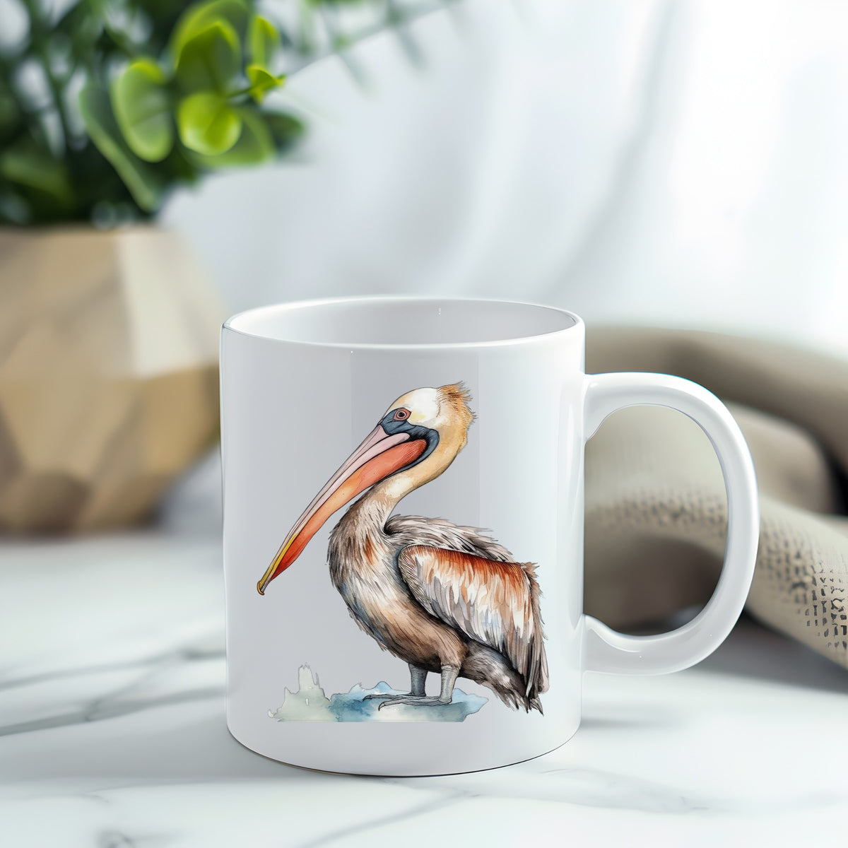 Rust Orange Pelican UV DTF sticker applied to a white coffee mug
