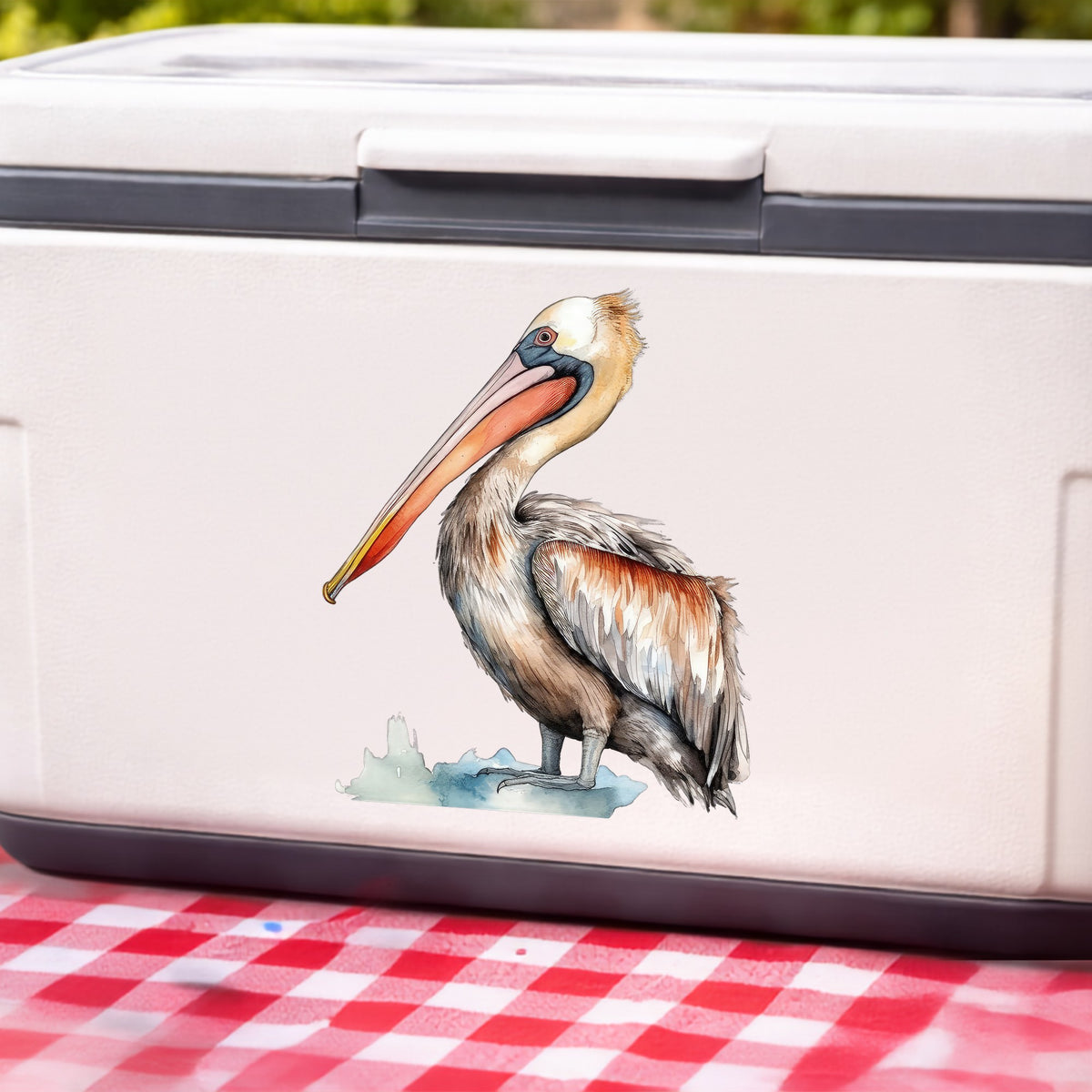 Rust Orange Pelican UV DTF sticker applied to a white cooler