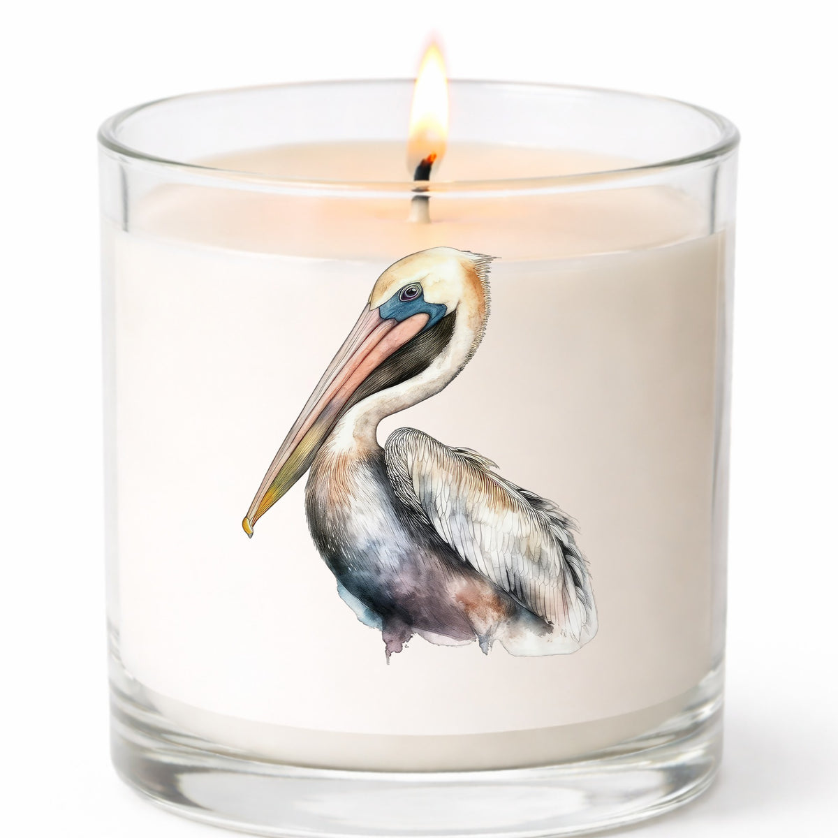Standing Pelican UV DTF sticker applied to a candle jar