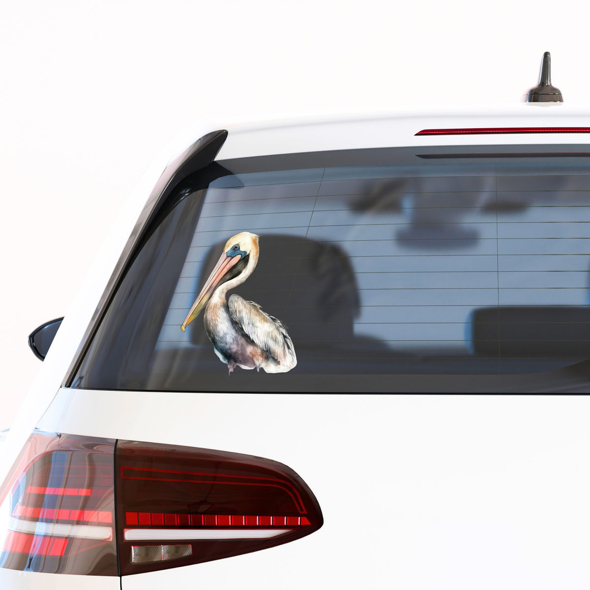 Standing Pelican UV DTF sticker applied to a car window