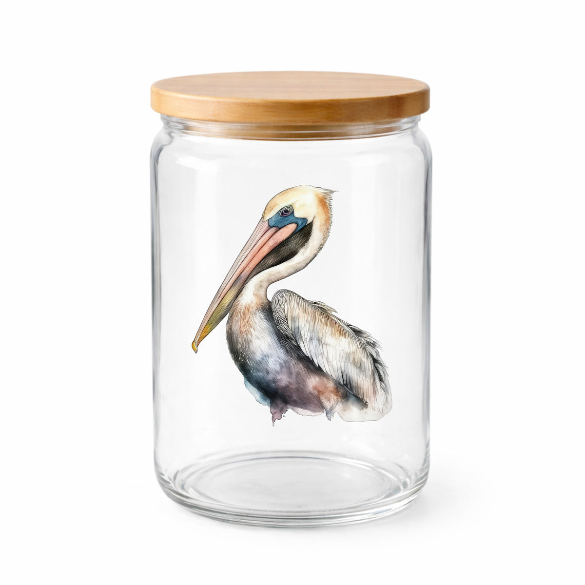 Standing Pelican UV DTF sticker applied to a clear glass jar with lid