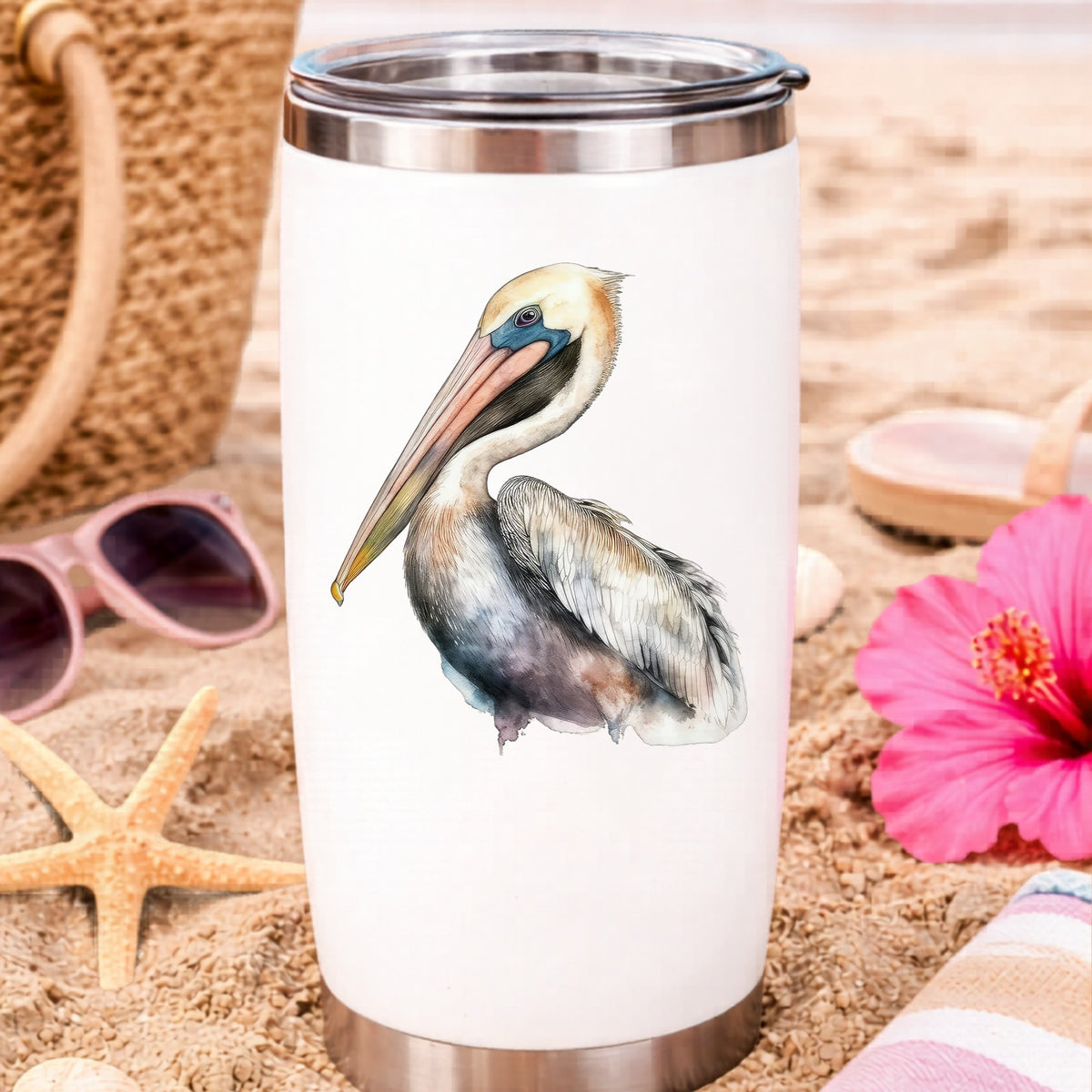 Standing Pelican UV DTF sticker applied to a water bottle at the beach