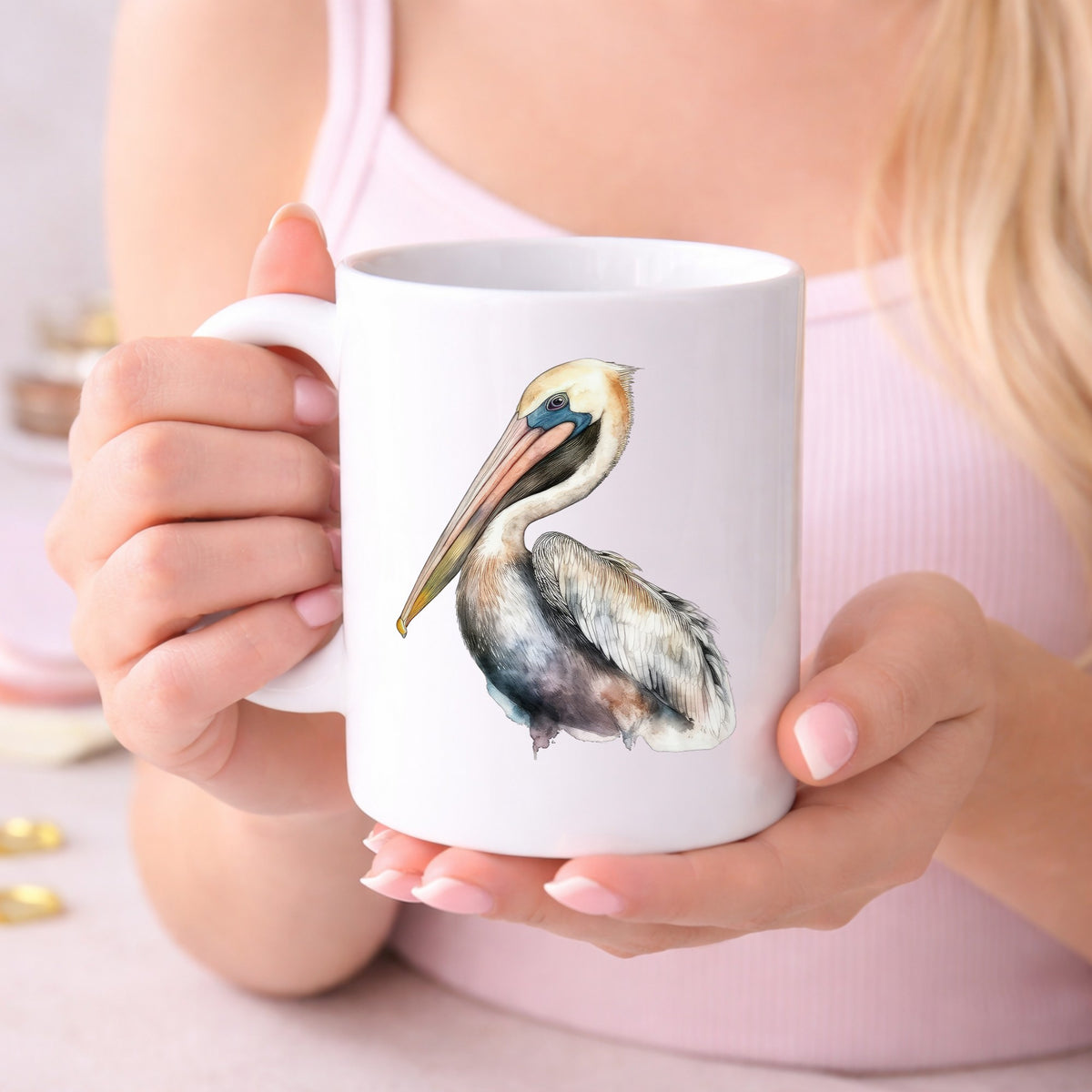 Standing Pelican UV DTF sticker displayed on a white coffee mug