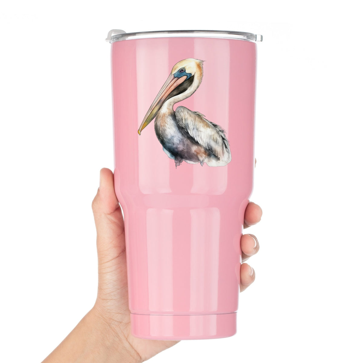 Standing Pelican UV DTF sticker applied to a pink tumbler