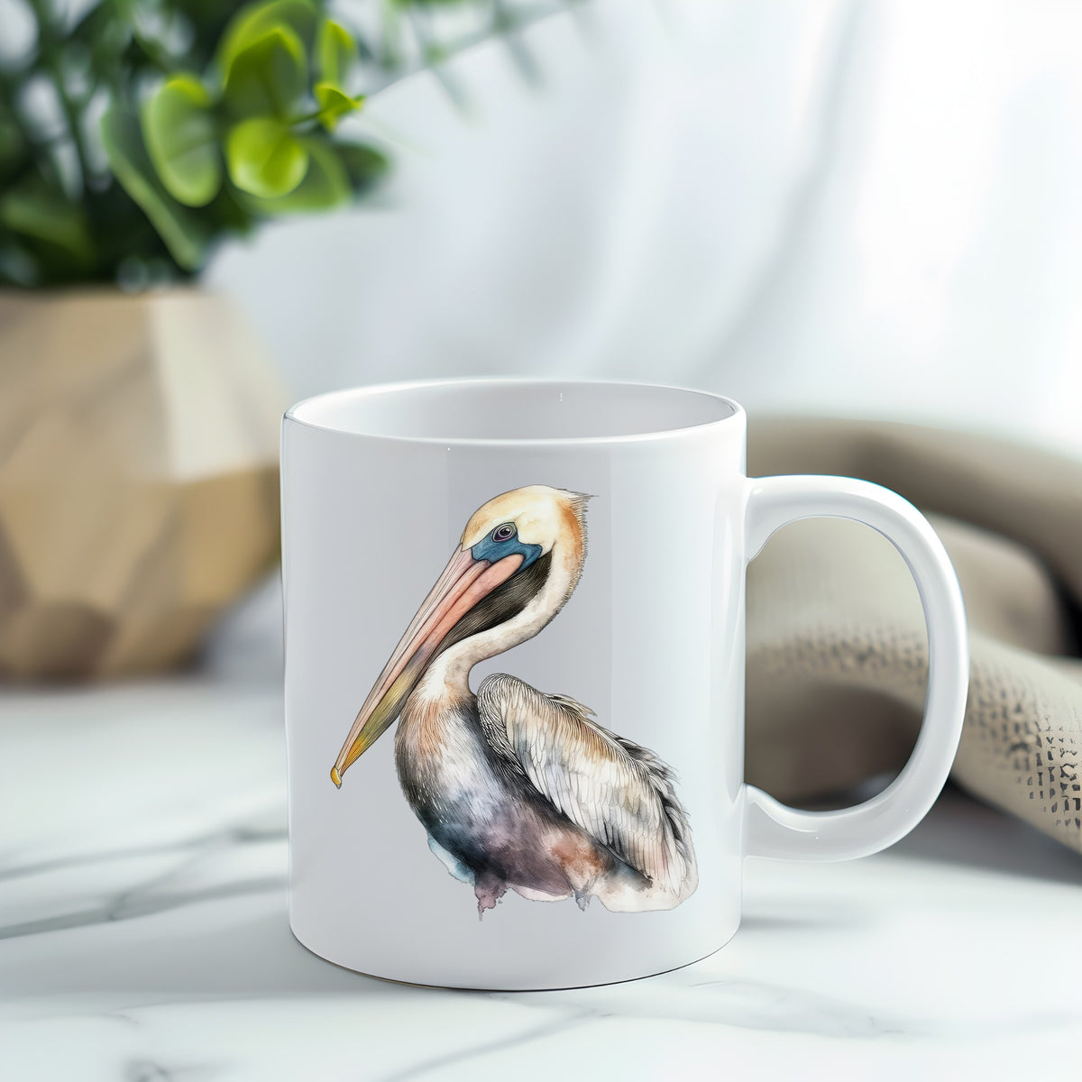 Standing Pelican UV DTF sticker applied to a white coffee mug