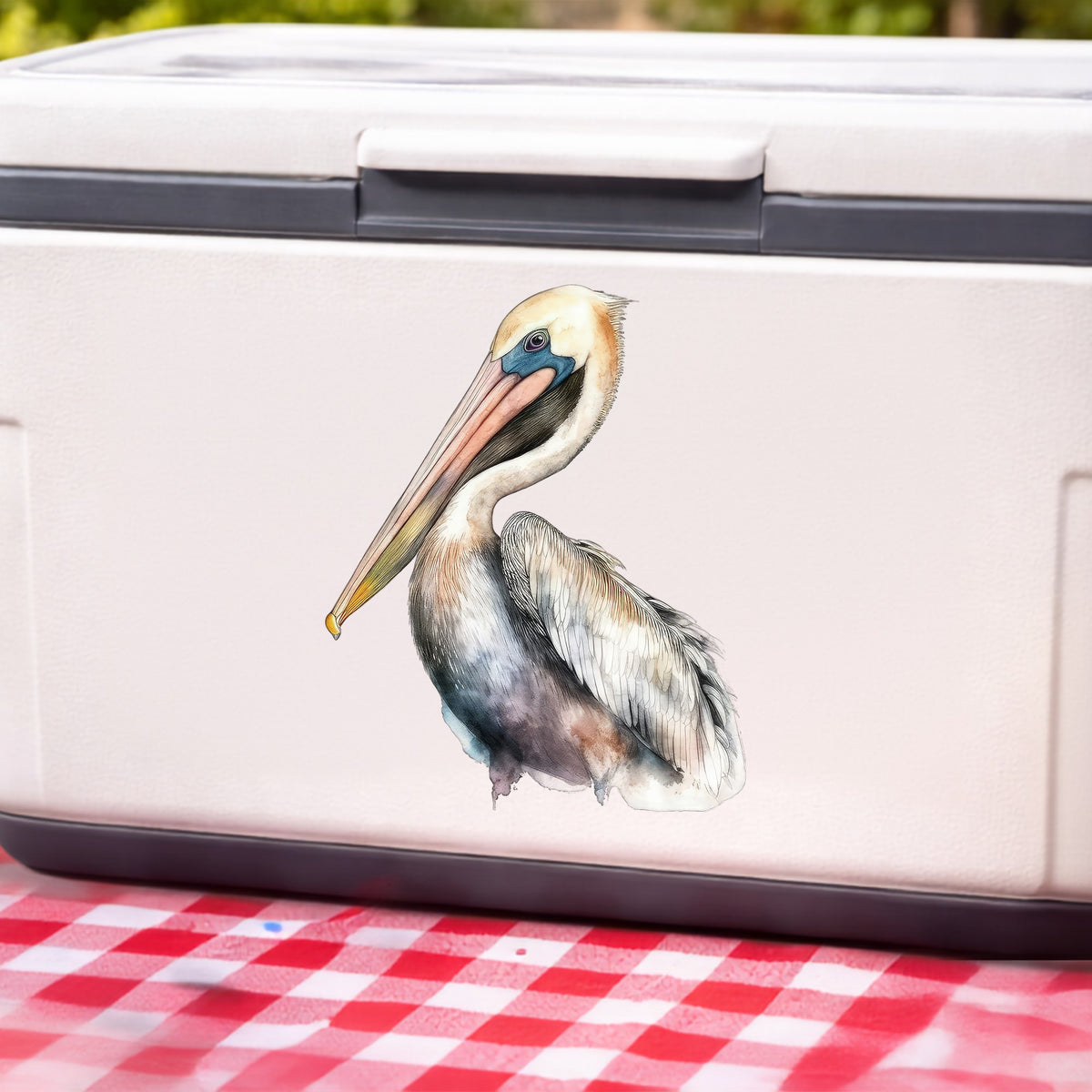 Standing Pelican UV DTF sticker applied to a white cooler