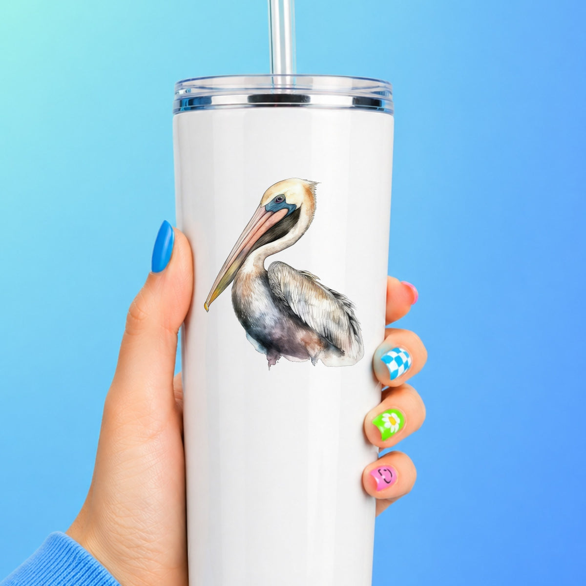 Standing Pelican UV DTF sticker applied to a white tumbler