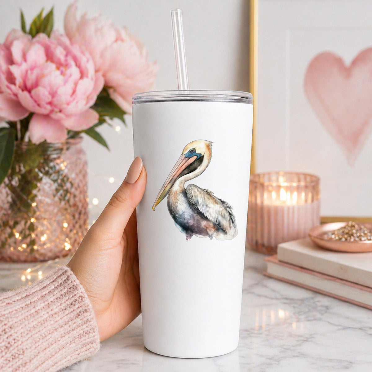 Standing Pelican UV DTF sticker applied to a white tumbler