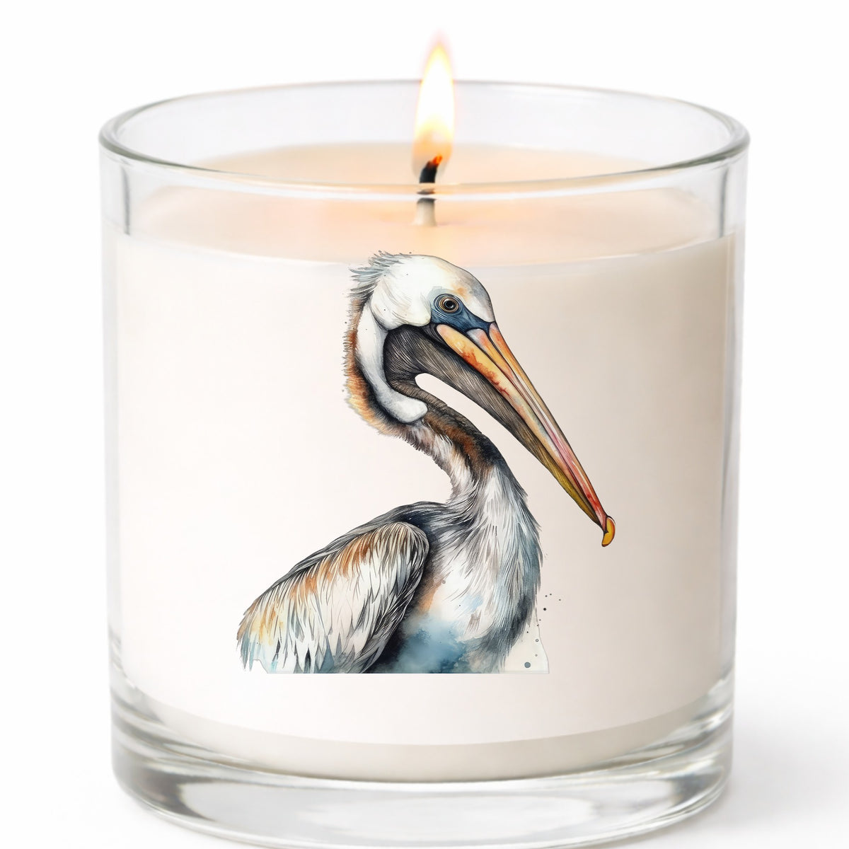 Pelican Head Close Up UV DTF sticker applied to a candle jar