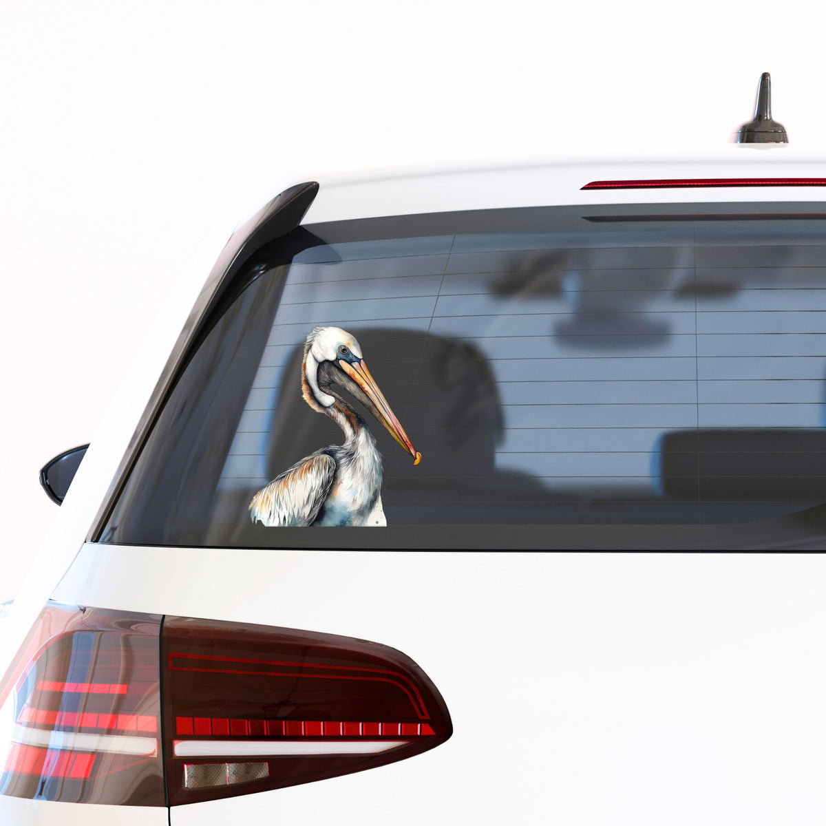 Pelican Head Close Up UV DTF sticker applied to a car window