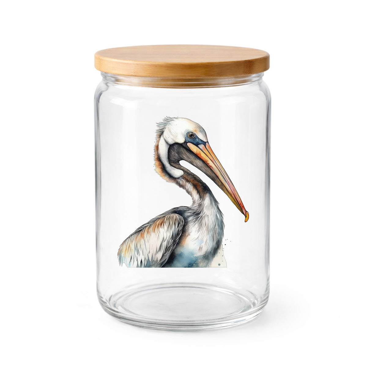 Pelican Head Close Up UV DTF sticker applied to a clear glass jar with lid