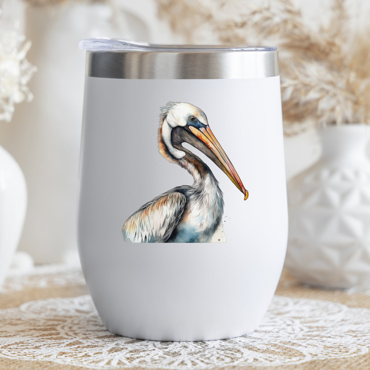 Pelican Head Close Up UV DTF sticker applied to a stemless wine glass
