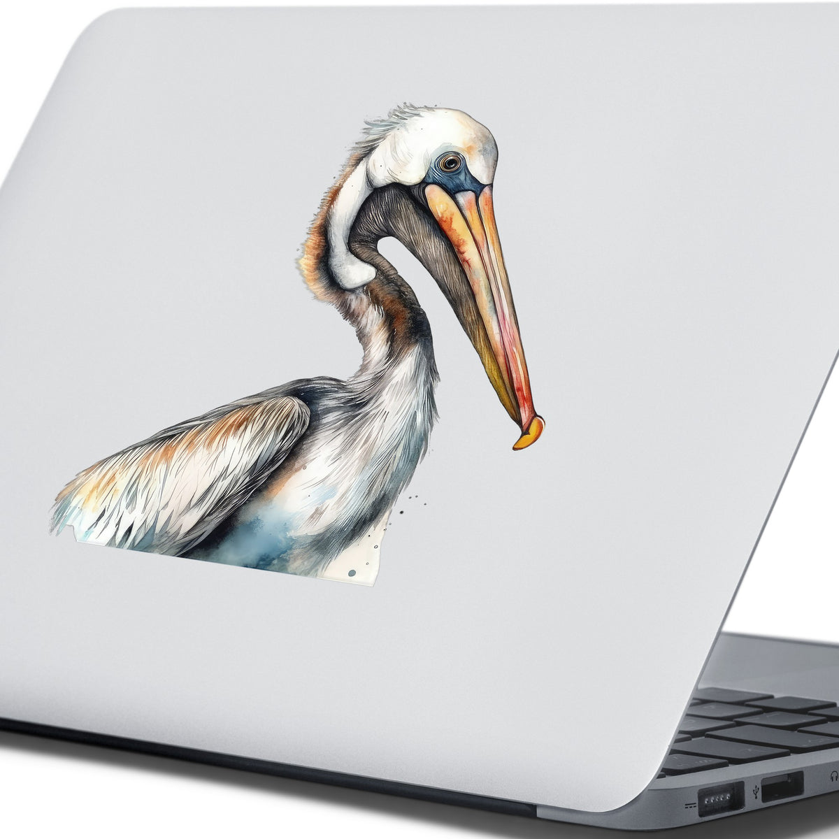 Pelican Head Close Up UV DTF sticker applied to a laptop