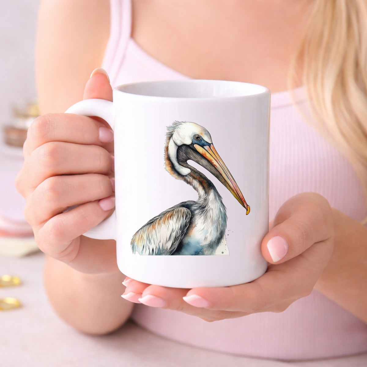 Pelican Head Close Up UV DTF sticker displayed on a white coffee mug