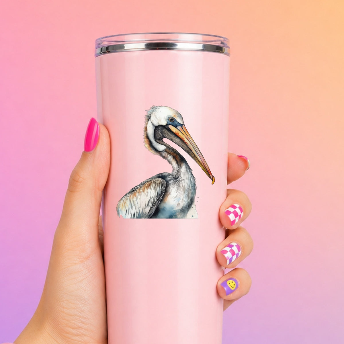 Pelican Head Close Up UV DTF sticker applied to a pink tumbler