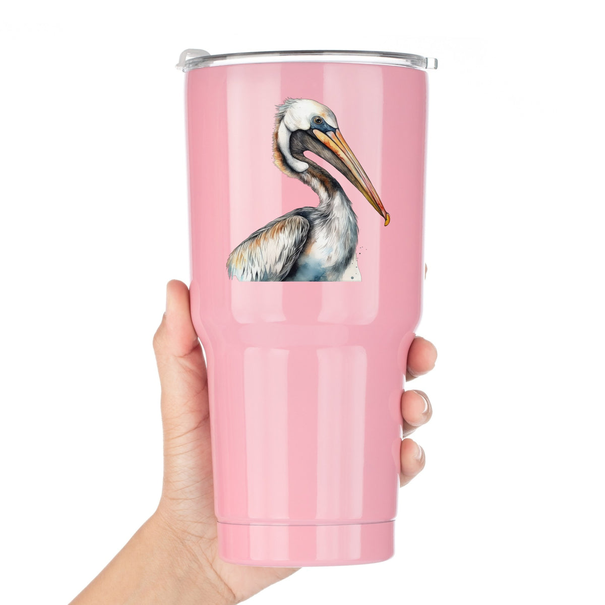 Pelican Head Close Up UV DTF sticker applied to a pink tumbler