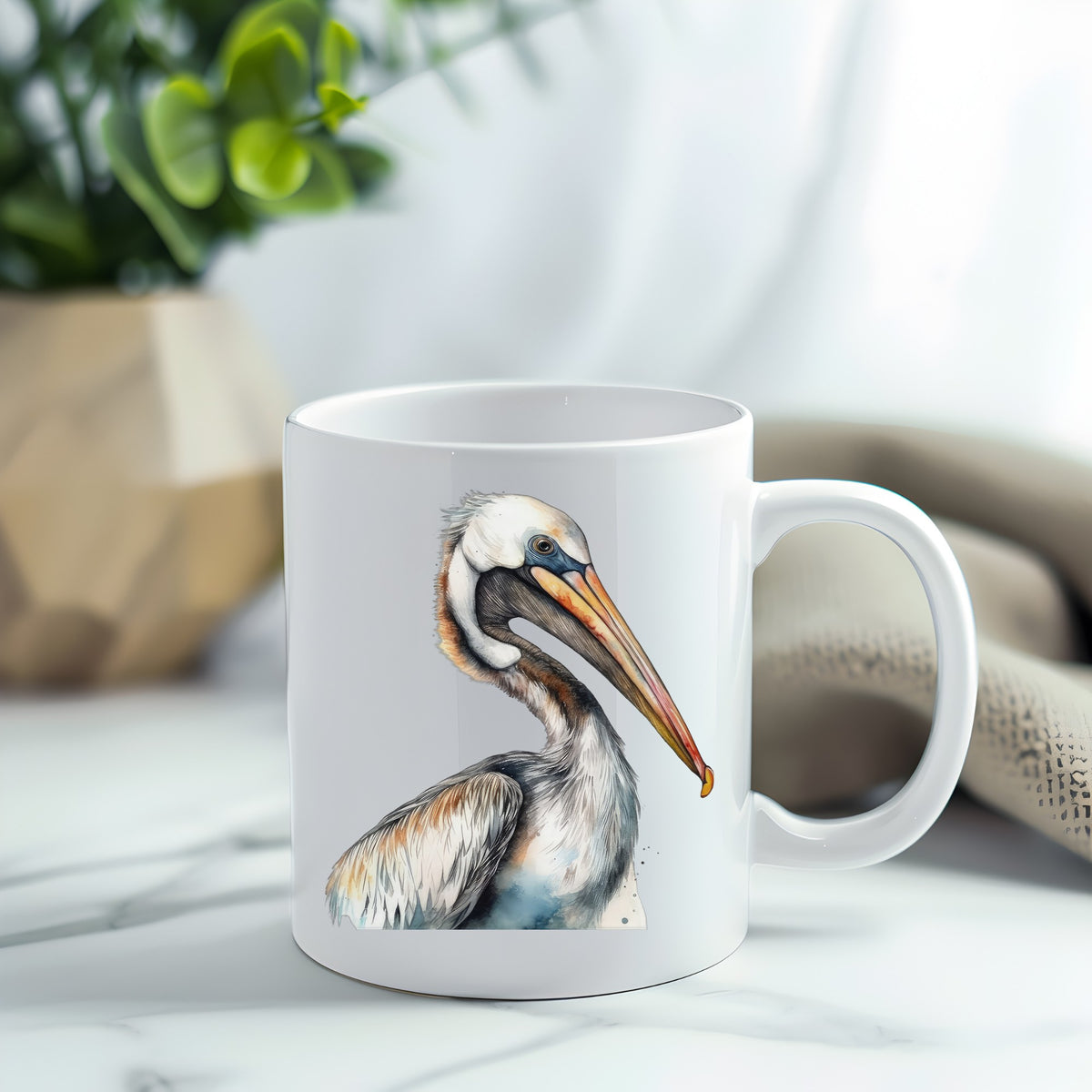 Pelican Head Close Up UV DTF sticker applied to a white coffee mug