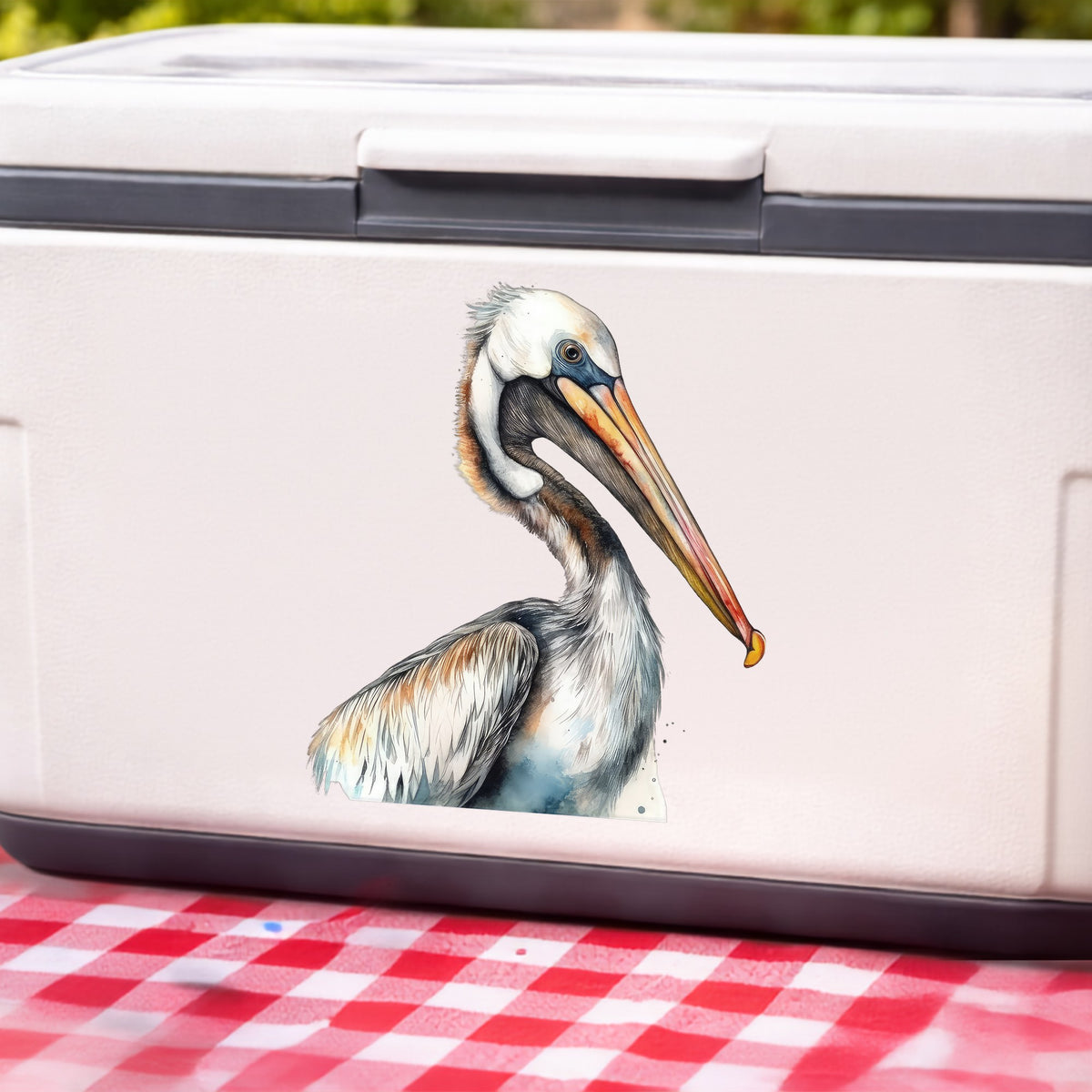 Pelican Head Close Up UV DTF sticker applied to a white cooler
