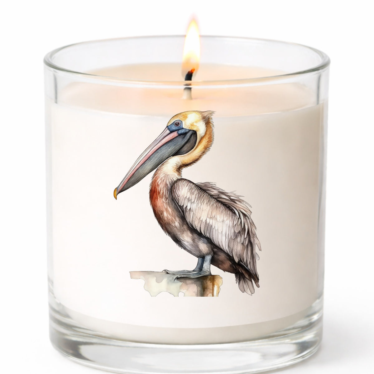 Golden Head Pelican UV DTF sticker applied to a candle jar