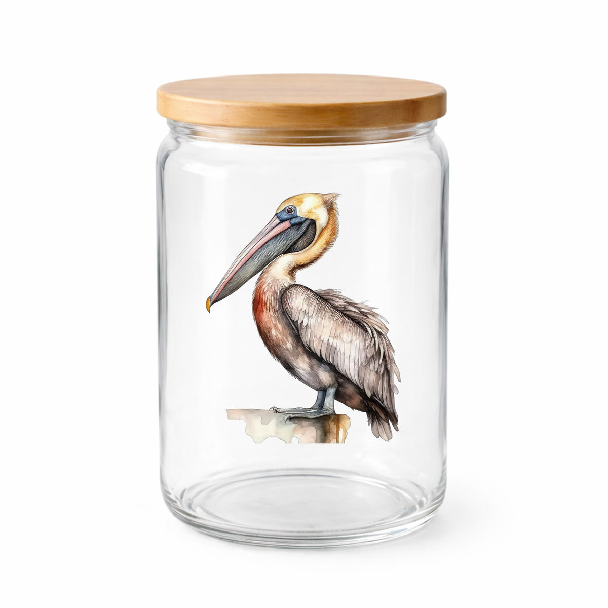 Golden Head Pelican UV DTF sticker applied to a clear glass jar with lid