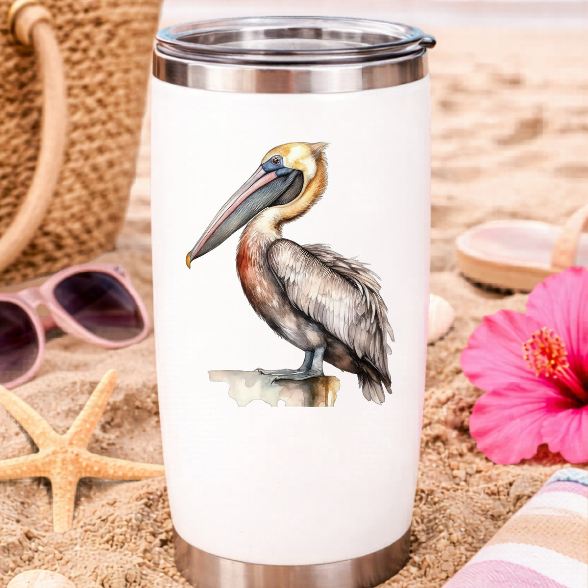 Golden Head Pelican UV DTF sticker applied to a water bottle at the beach