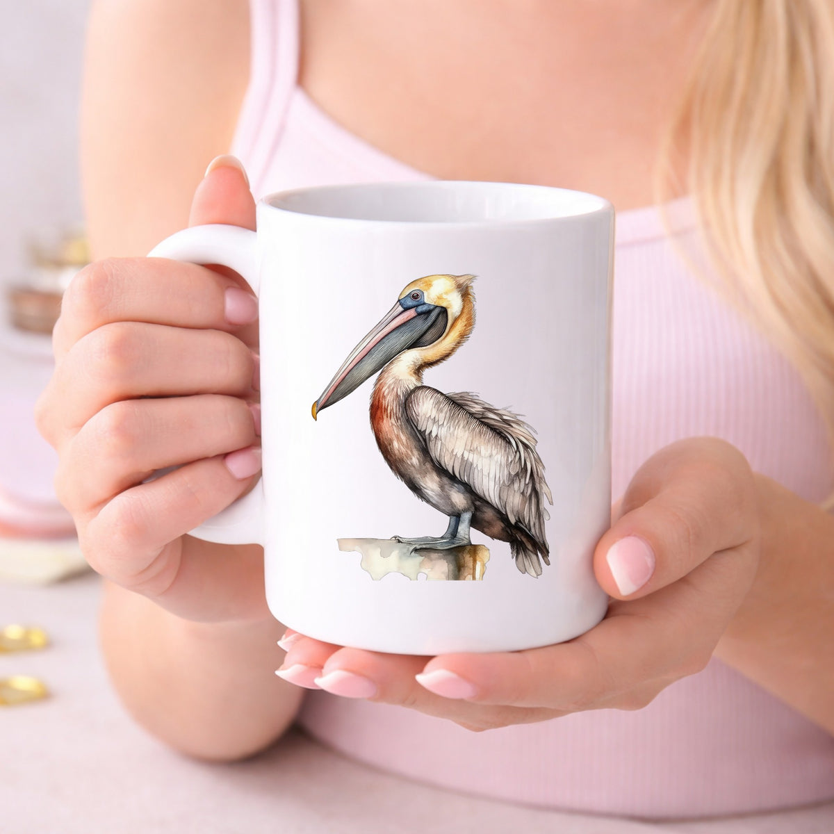 Golden Head Pelican UV DTF sticker displayed on a white coffee mug