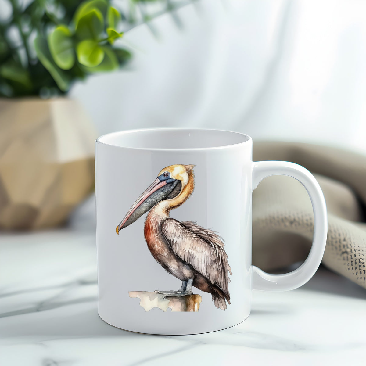 Golden Head Pelican UV DTF sticker applied to a white coffee mug