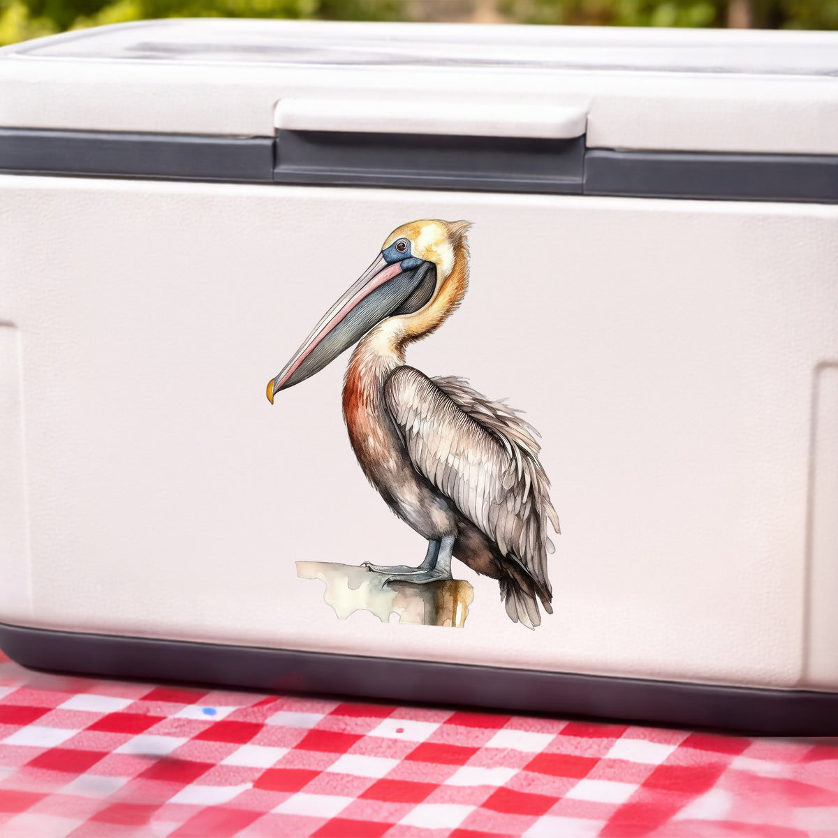 Golden Head Pelican UV DTF sticker applied to a white cooler
