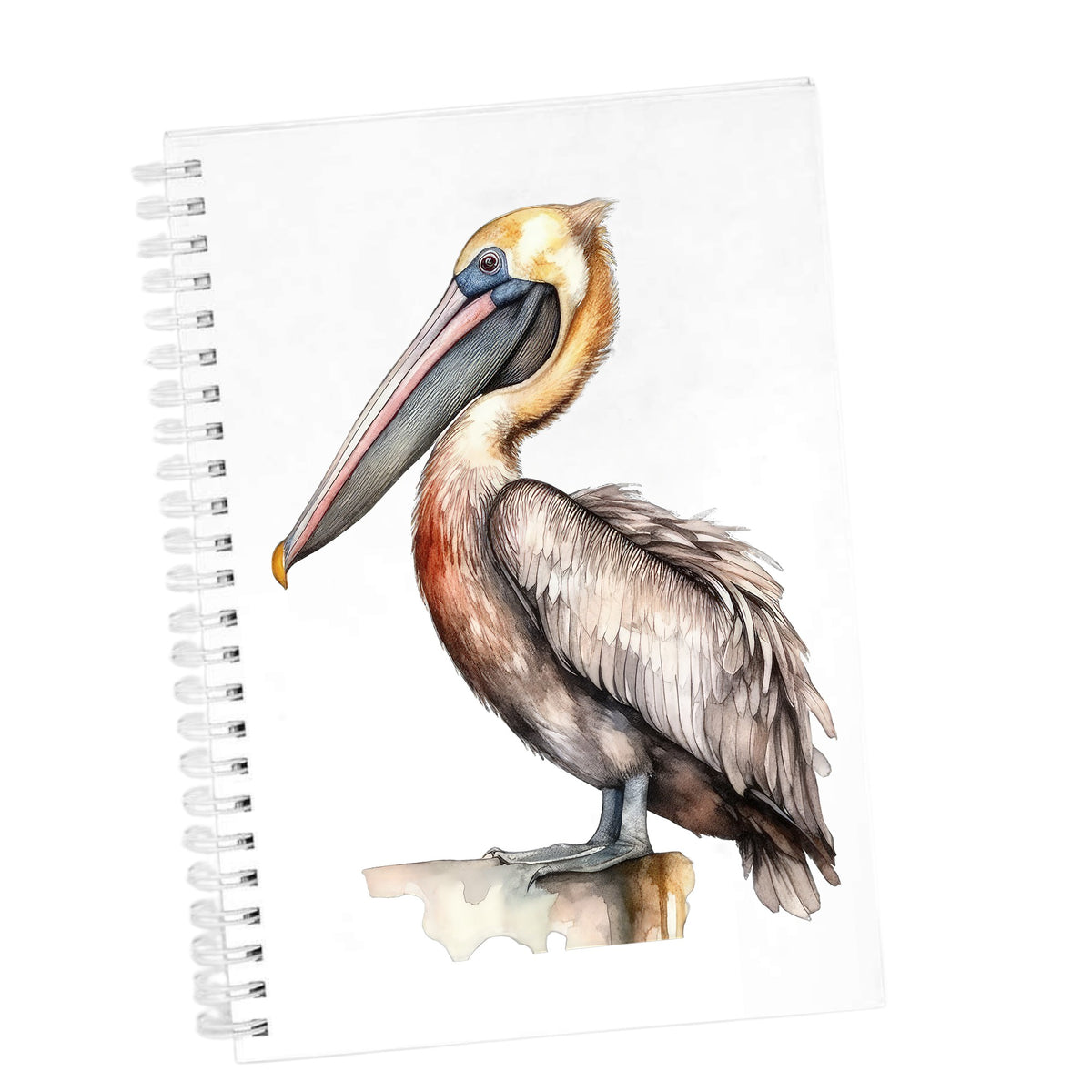 Golden Head Pelican UV DTF sticker applied to a white journal