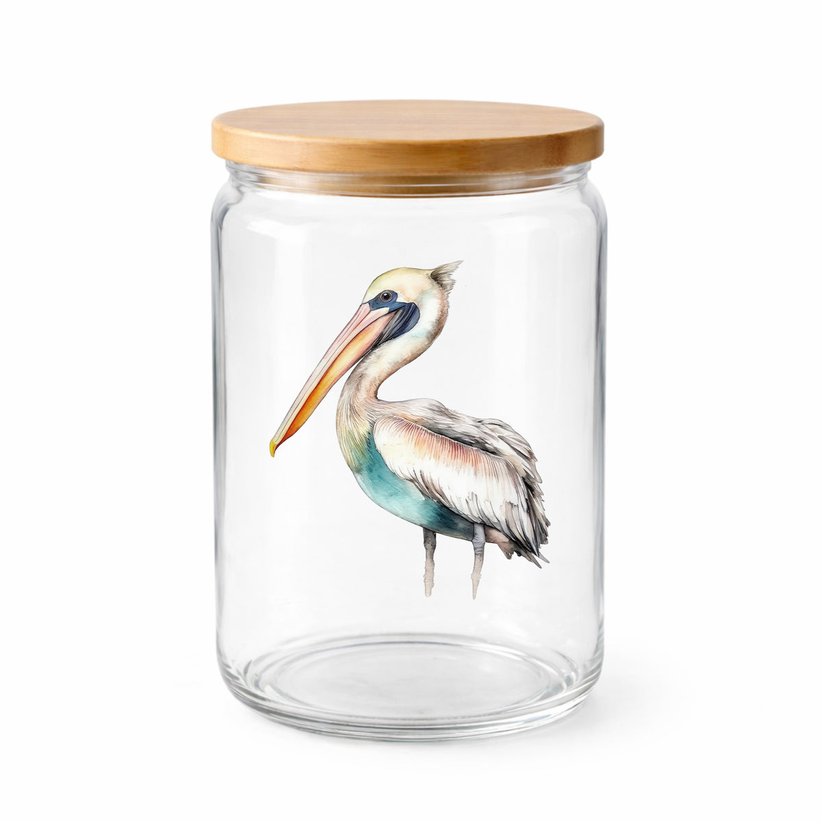 Turquoise Pelican UV DTF sticker applied to a clear glass jar with lid