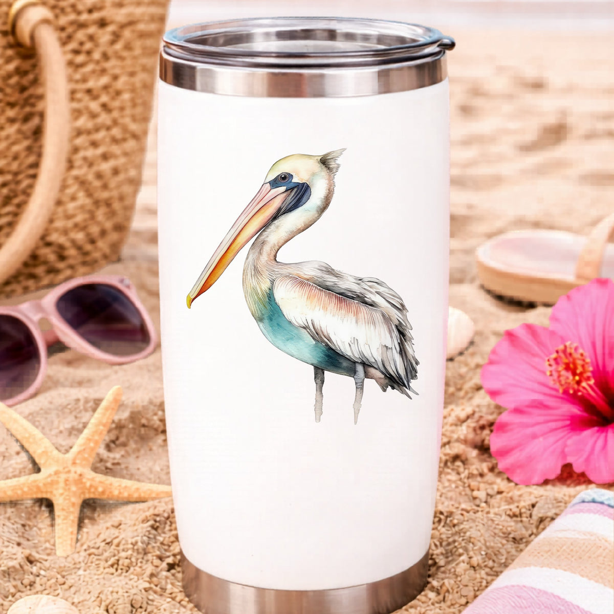 Turquoise Pelican UV DTF sticker applied to a water bottle at the beach