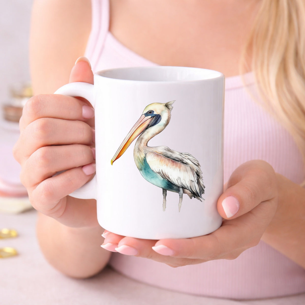 Turquoise Pelican UV DTF sticker displayed on a white coffee mug